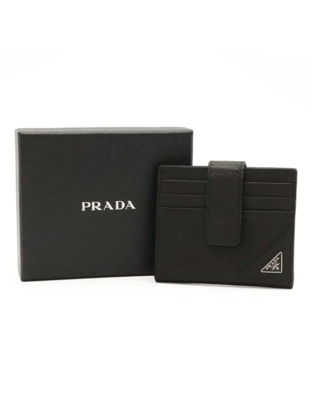 Prada Triangle Logo Card Case Business Holder Leather Nero Black Silver